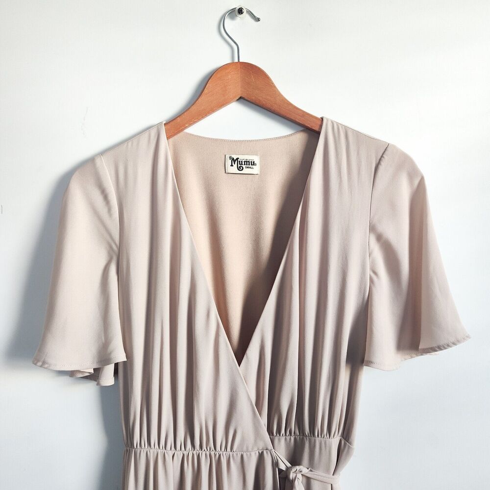 Show Me Your MuMu Sophia Wrap Dress Beige‎ Small Show Me The Ring Crisp Chiffon - Picture 4 of 14
